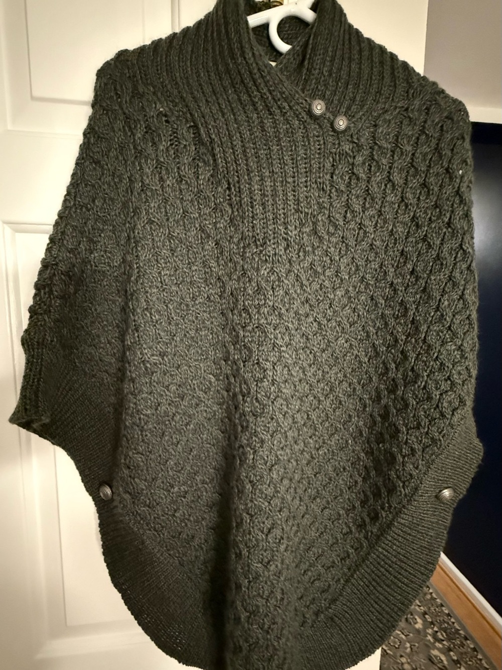 Cable-Knit Olive Green Button-Trim Poncho Sweater
